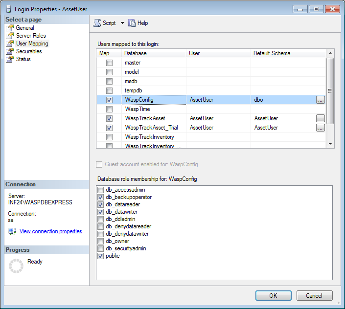 SQL Server User Mapping for InventoryControl, MobileAsset, WaspTime -  Knowledgebase / Discontinued Products / MobileAsset / Version 7 - Wasp  Helpdesk